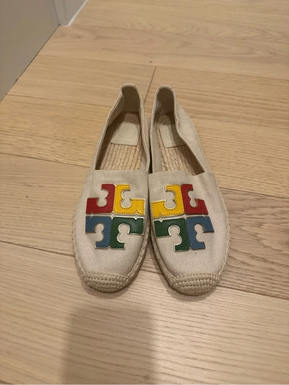 Tory Burch Cream Canvas Espadrilles with Multicolor Logo Accents